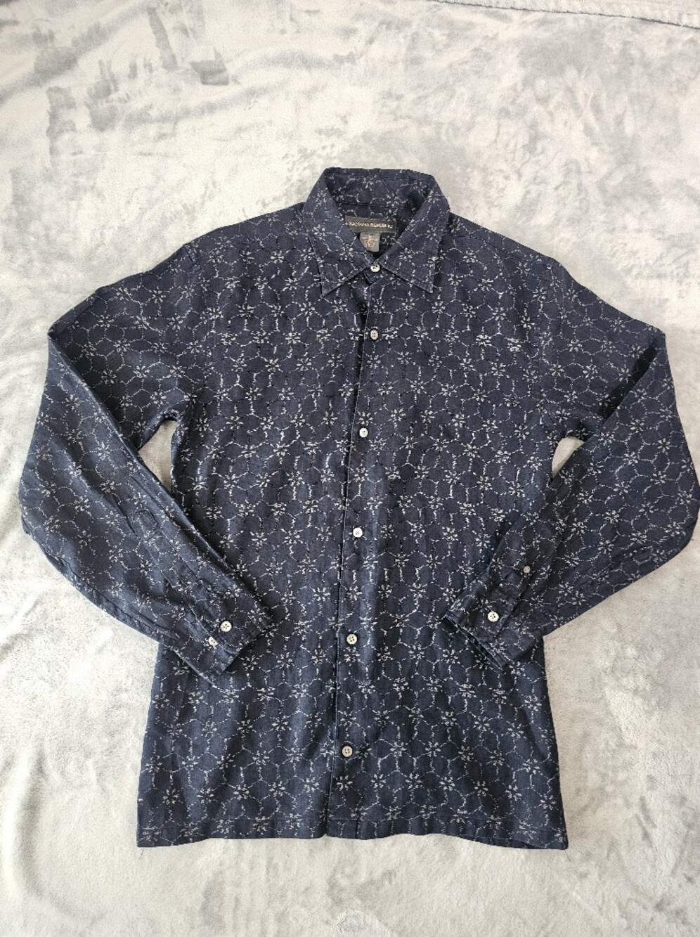 Vintage Banana Republic 100% Linen Button Up Shirt Men's M Geometric Navy